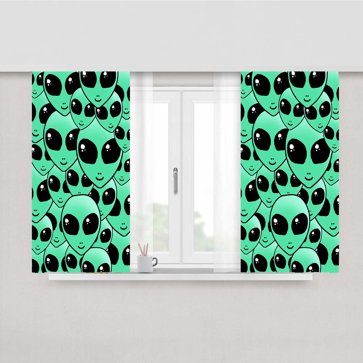 Green Alien Pattern Peach Skin Window Curtains