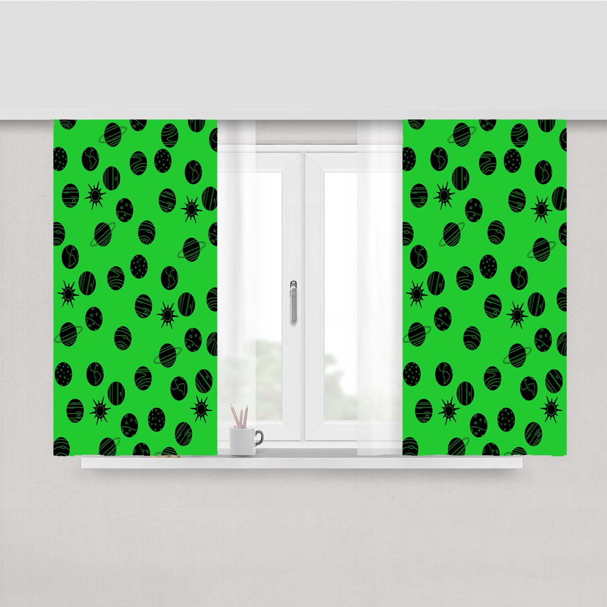 Green Black Planet Pattern Doodle Art Peach Skin Window Curtains