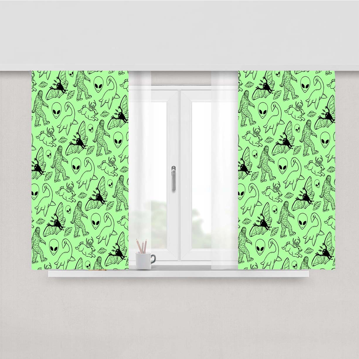 Green Cryptid Alien Creatures Pattern Peach Skin Window Curtains