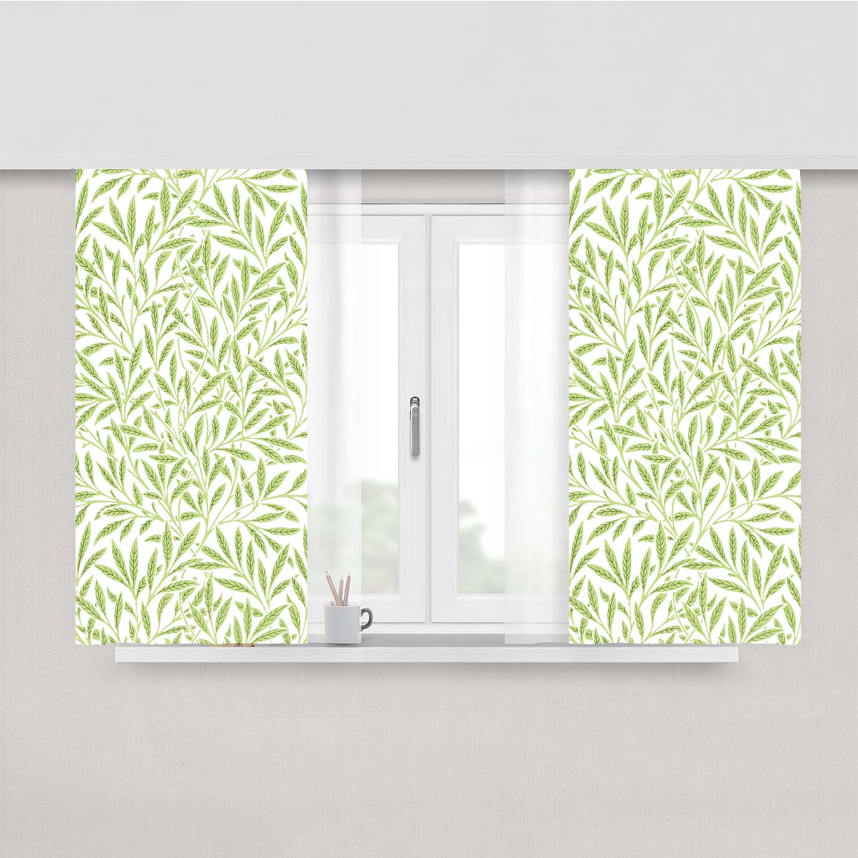 Green Leaves Pattern Illustrations Peach Skin Window Curtains