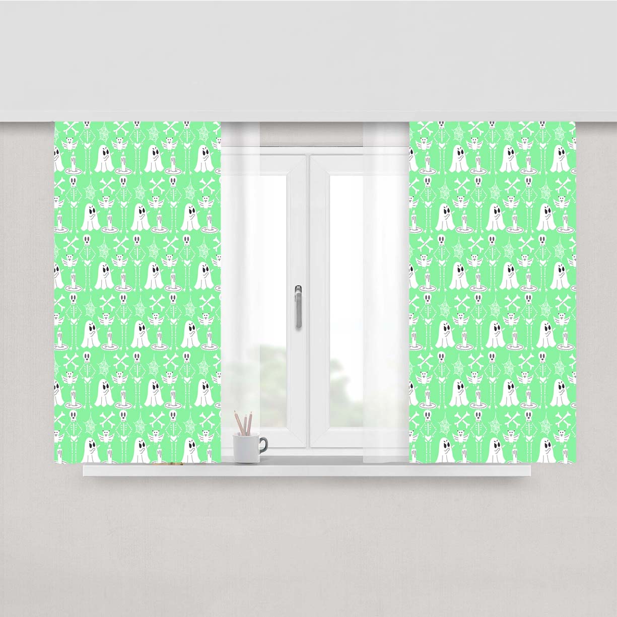 Green Pattern Halloween Ghost Skeleton Ar Peach Skin Window Curtains