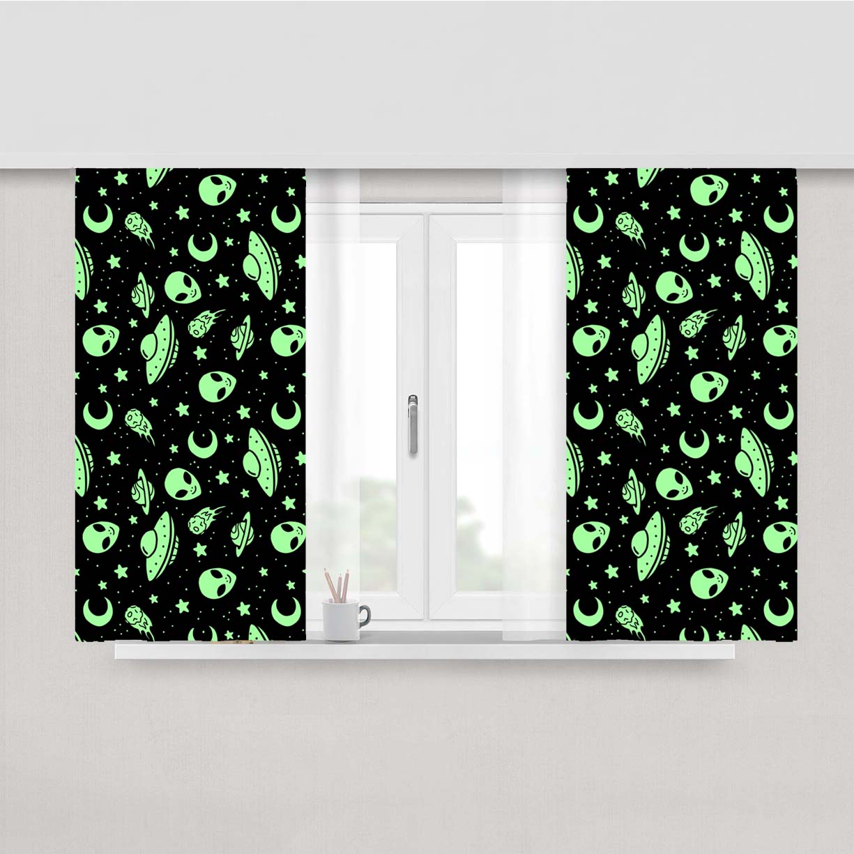 Green Pattern Space Traveller Peach Skin Window Curtains