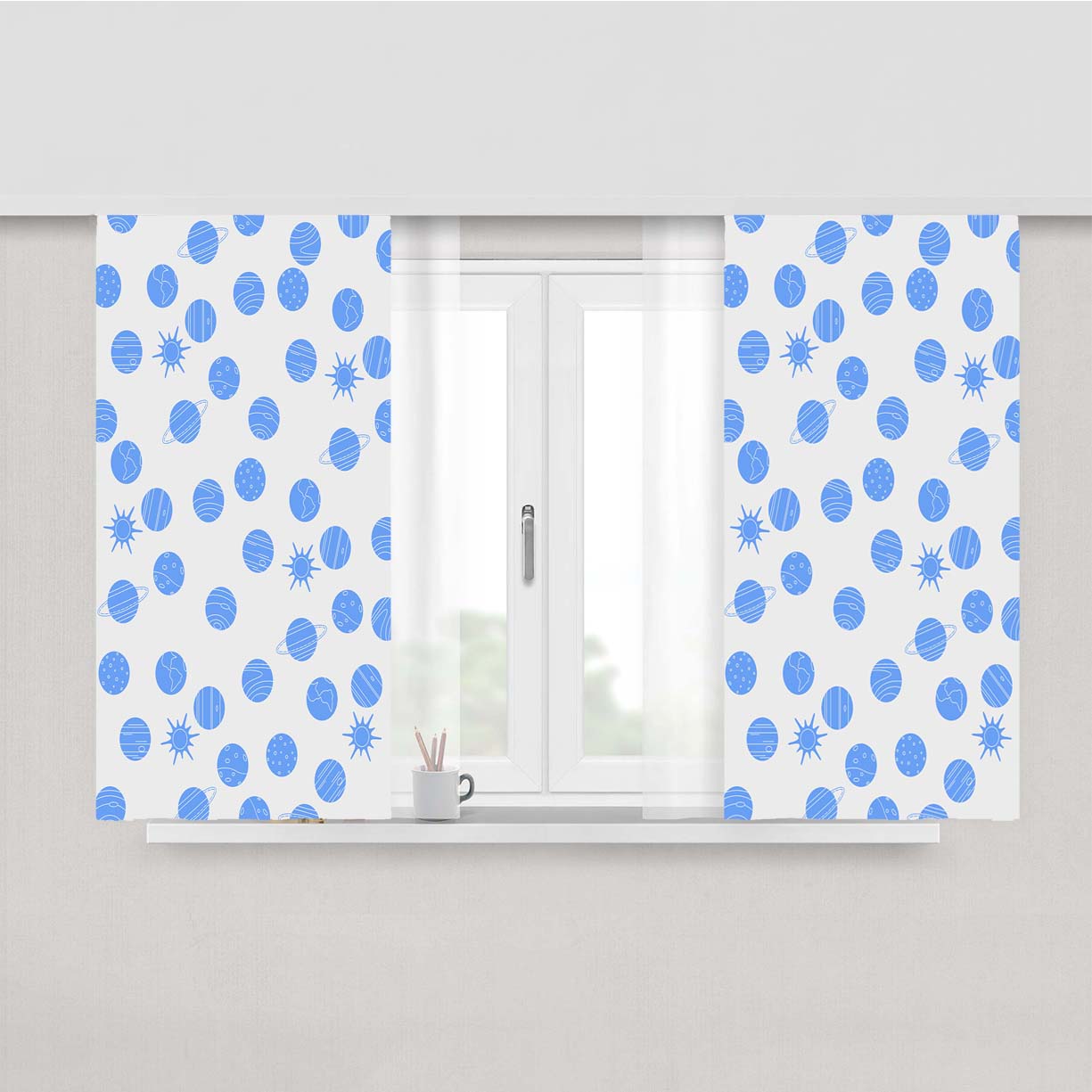 Grey Blue Planet Pattern Doodle Art Peach Skin Window Curtains