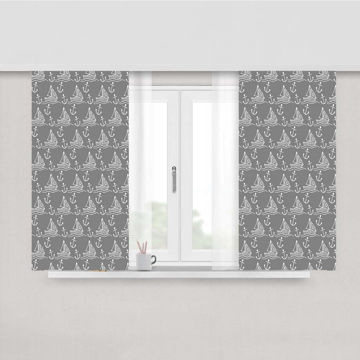 Grey White Sailor Ship Pattern Peach Skin Window Curtains