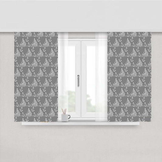 Grey White Sailor Ship Pattern Peach Skin Window Curtains