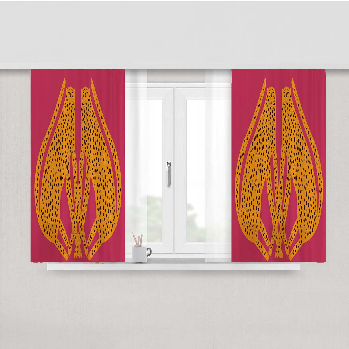 Hand Drawn Cute Leopards Hot Pink Fabric Window Curtains