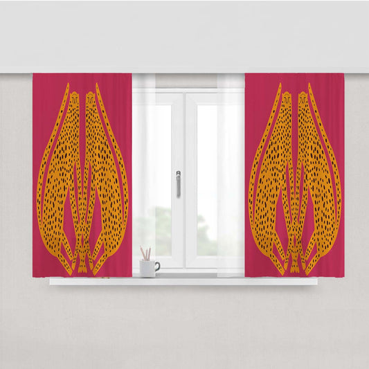 Hand Drawn Cute Leopards Hot Pink Fabric Window Curtains