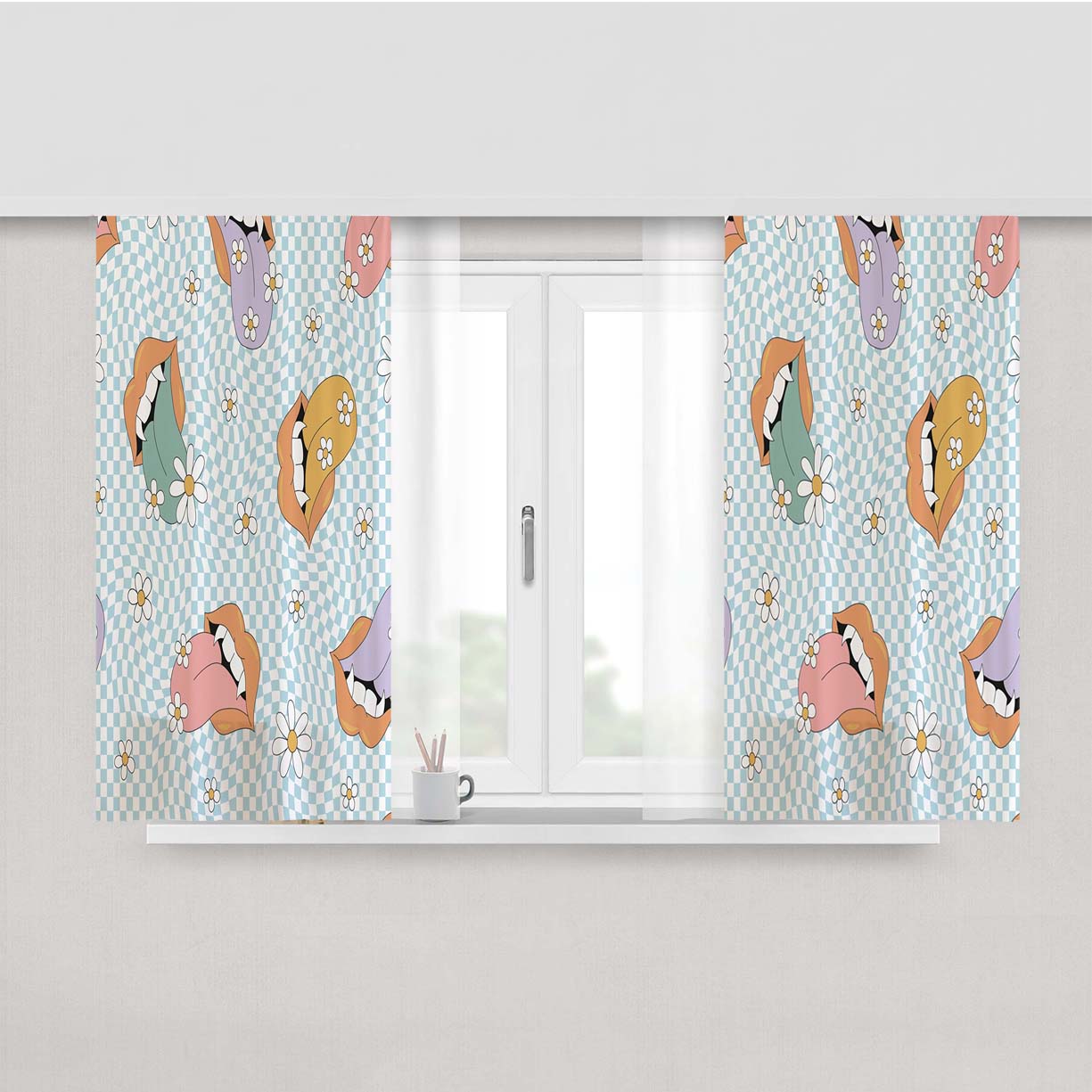 Handdrawn Floral Vampy Lip Art Fabric Window Curtains