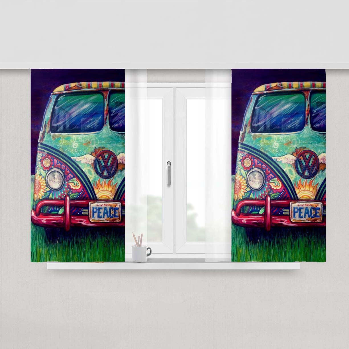 Happy Hippie Vw Fabric Window Curtains