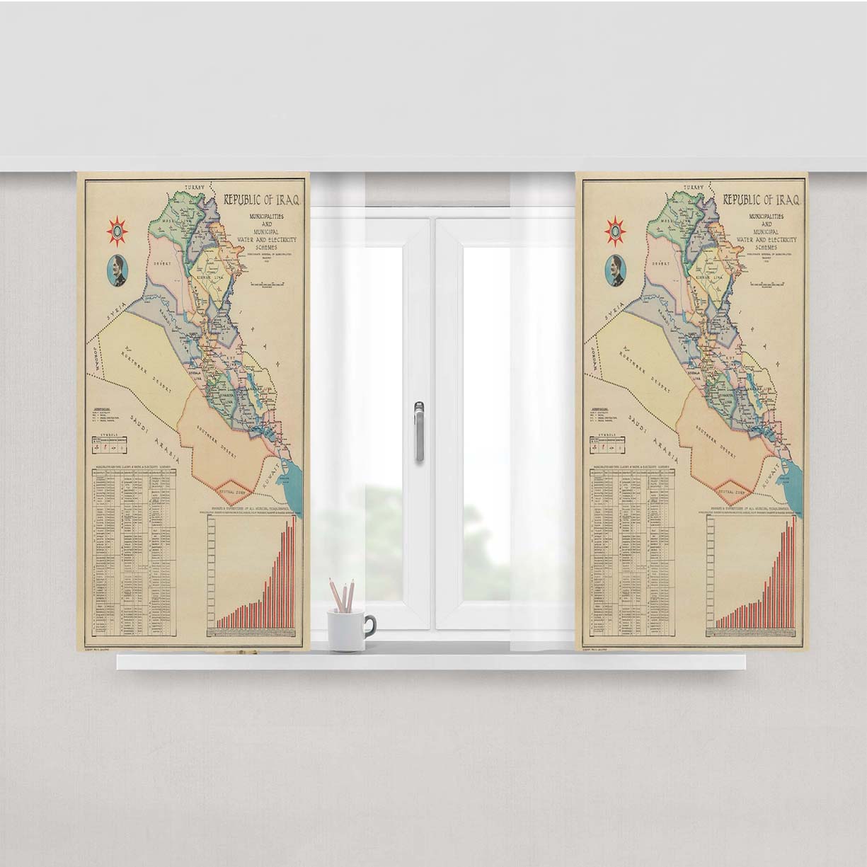 Iraq Map From 1959 Peach Skin Window Curtains