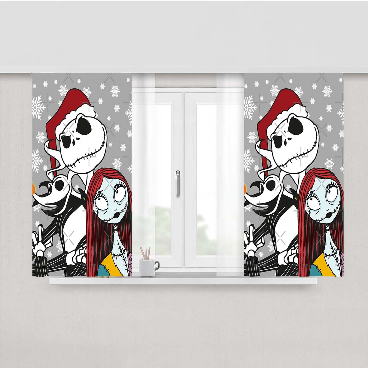 Jack Skellington, Zero And Sally - The Nightmare Before Christmas Peach Skin Window Curtains