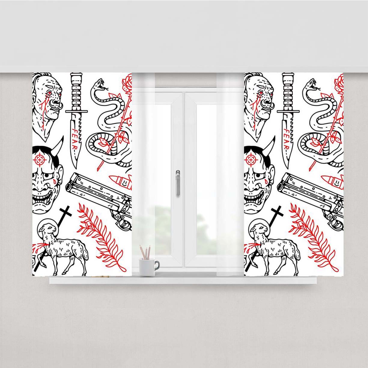 Japanese Tattoo Flash Pattern Peach Skin Window Curtains
