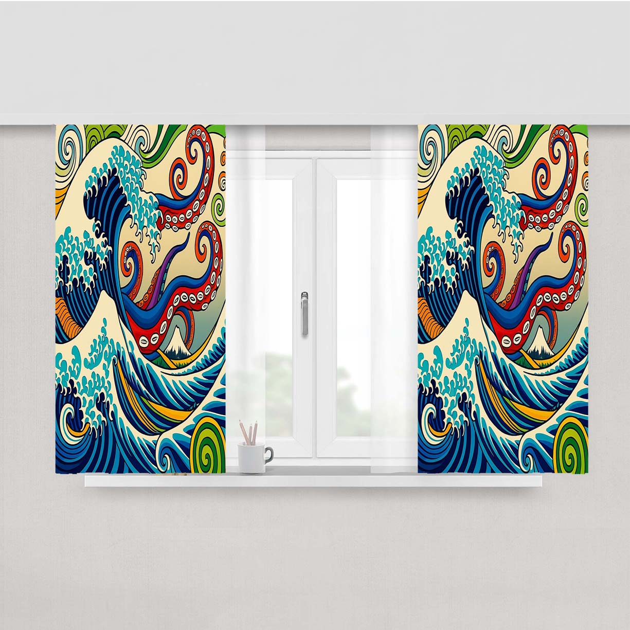 Japanese Wave Octopus Peach Skin Window Curtains