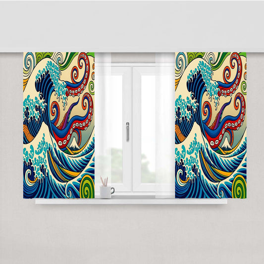 Japanese Wave Octopus Peach Skin Window Curtains