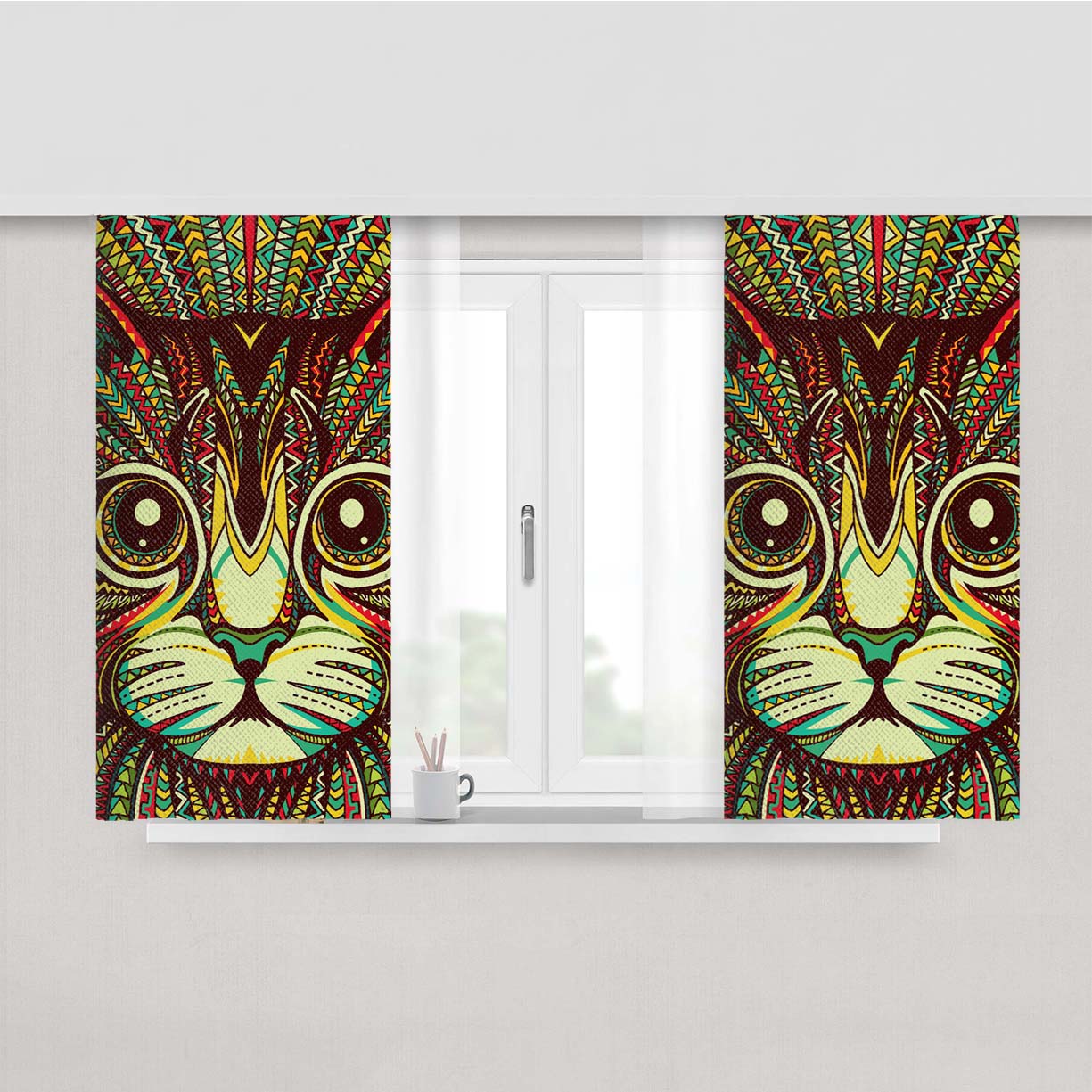 Kitten Aztec Pattern Peach Skin Window Curtains