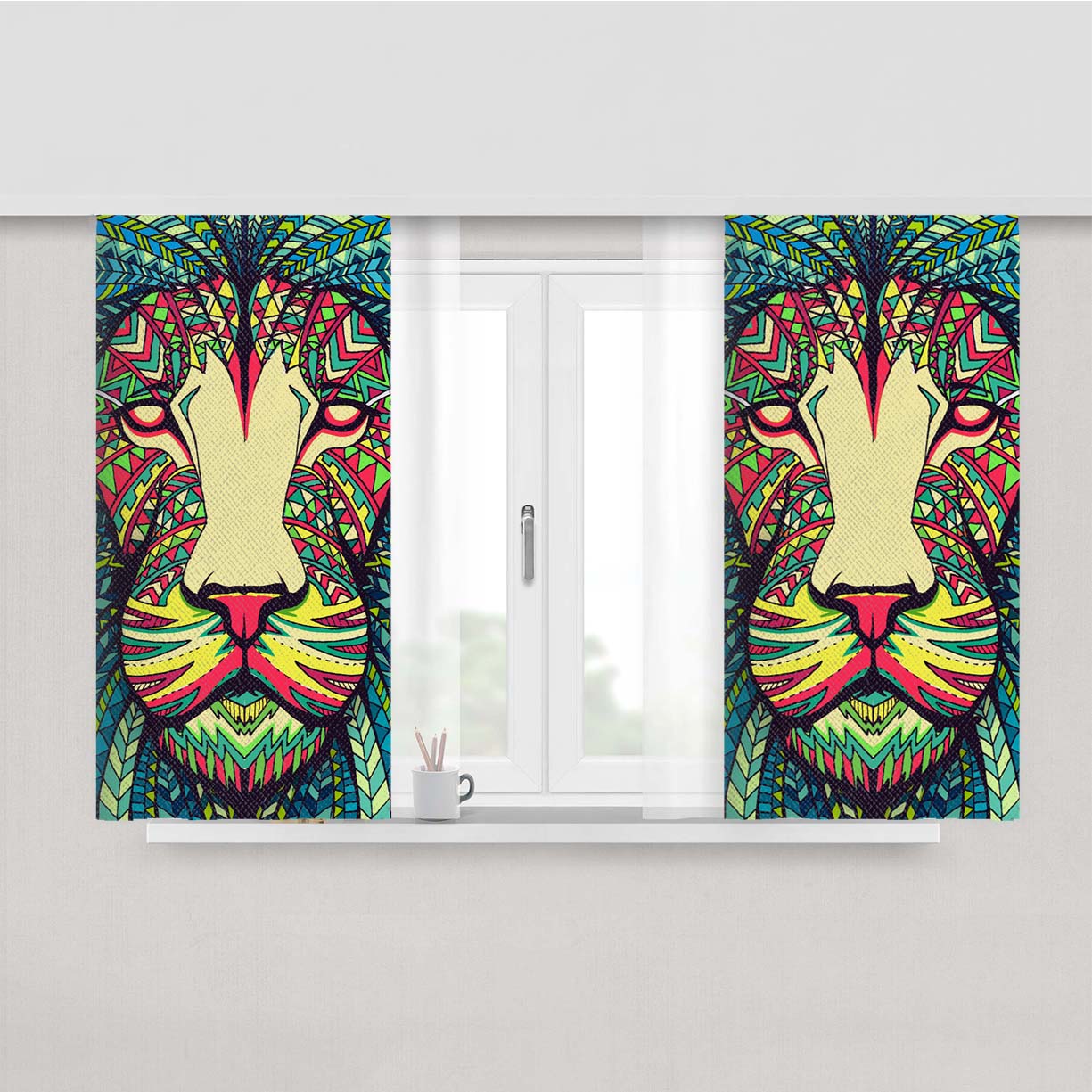 Lion Aztec Pattern Peach Skin Window Curtains