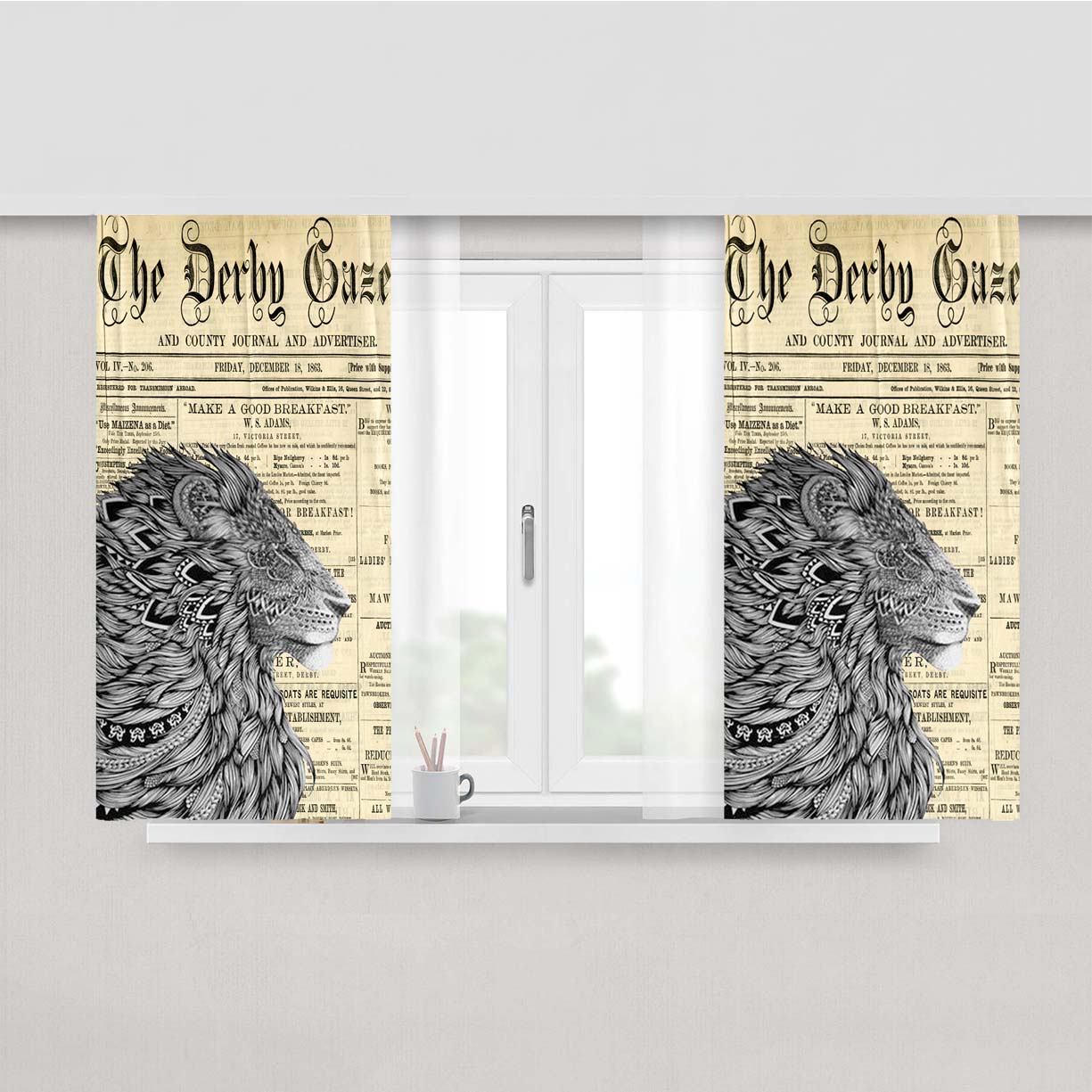 Lion King Aztec Old Newspaper Peach Skin Window Curtains