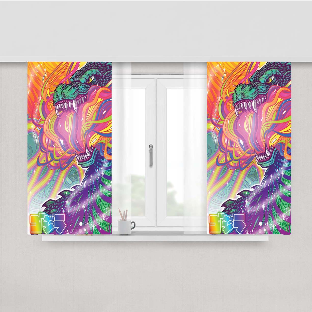 Lisa Frank Godzilla Peach Skin Window Curtains
