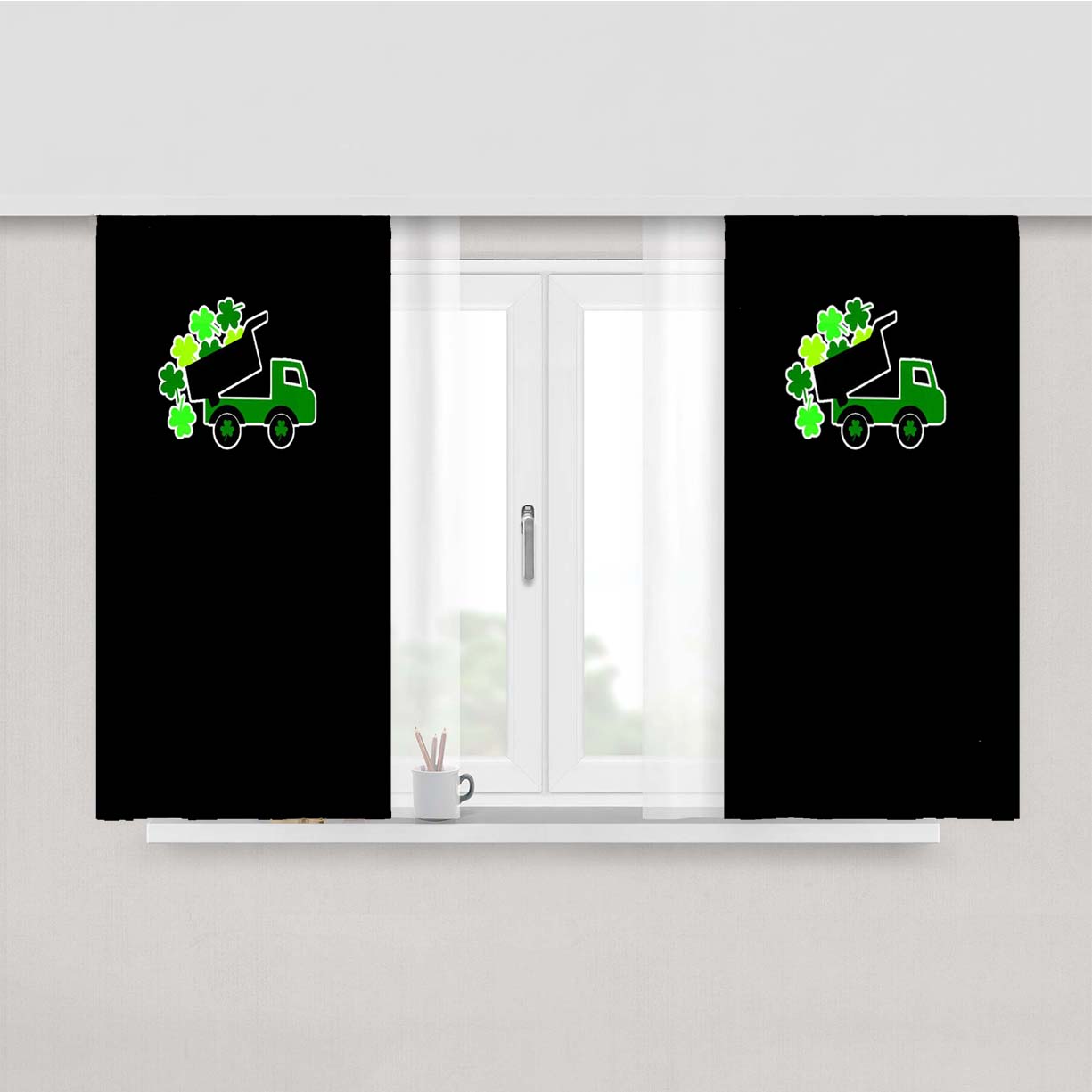 Lucky St Patricks Day Vintage Truck Clover Shamrock Peach Skin Window Curtains
