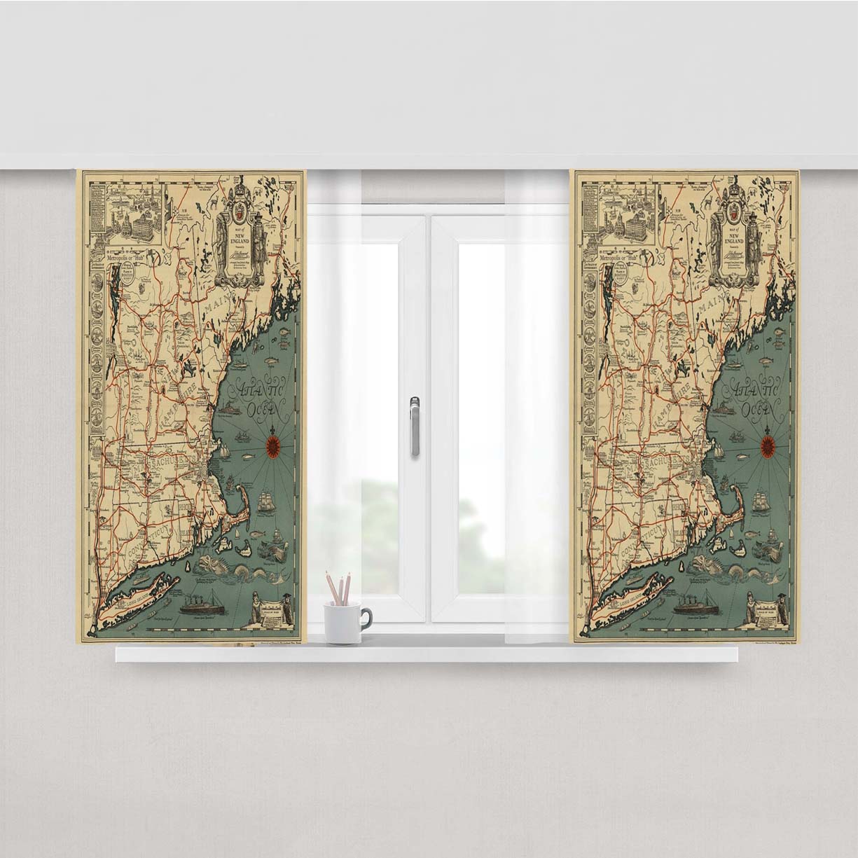 Map Of New England From 1928 Peach Skin Window Curtains