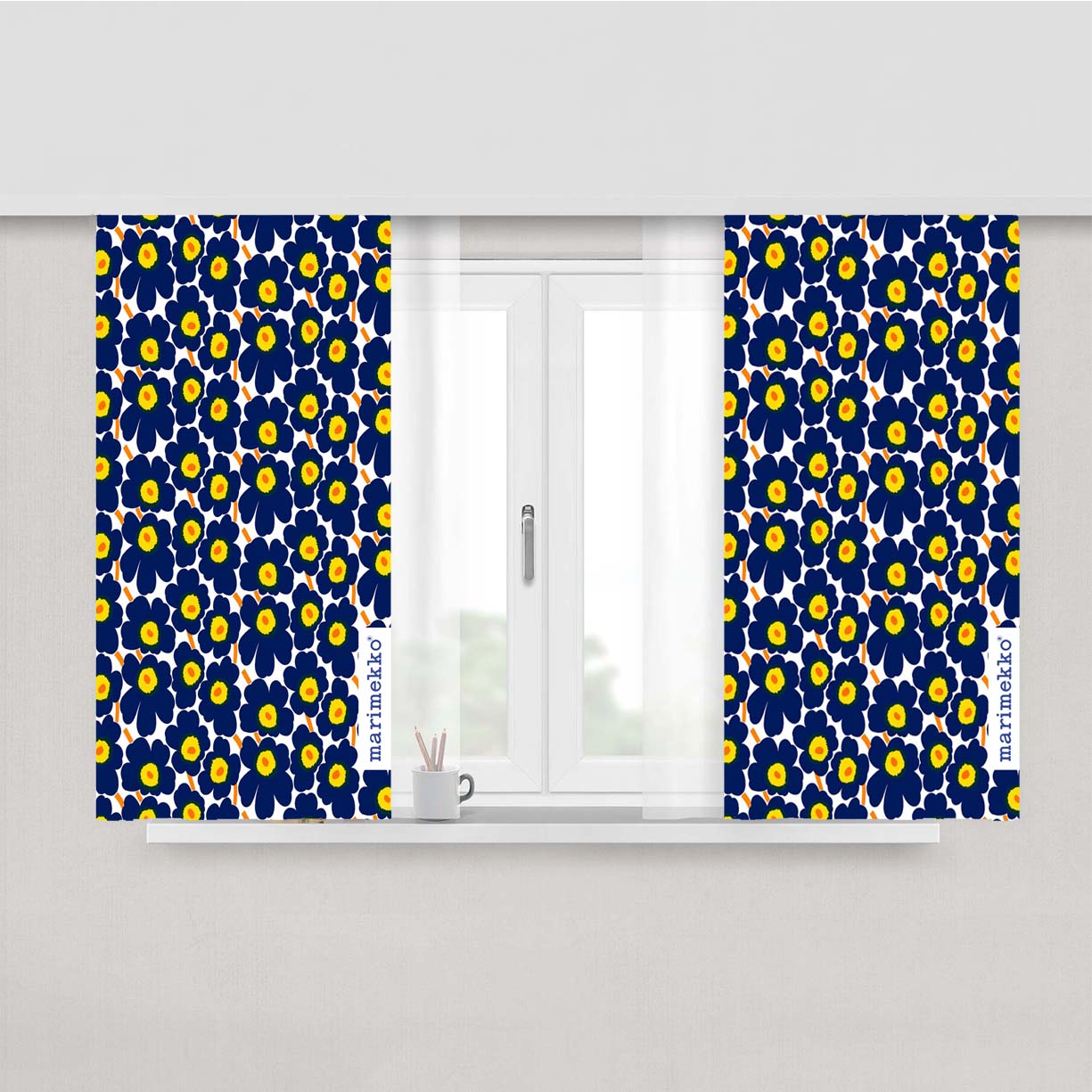 Marimekko Pieni Unikko Blue Flower Pattern Peach Skin Window Curtains