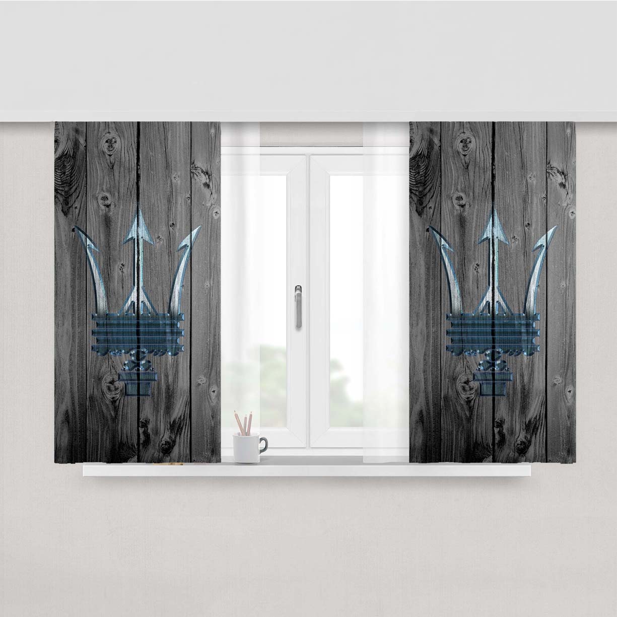 Maserati Car Logo Dark Wood Wallpaper Peach Skin Window Curtains