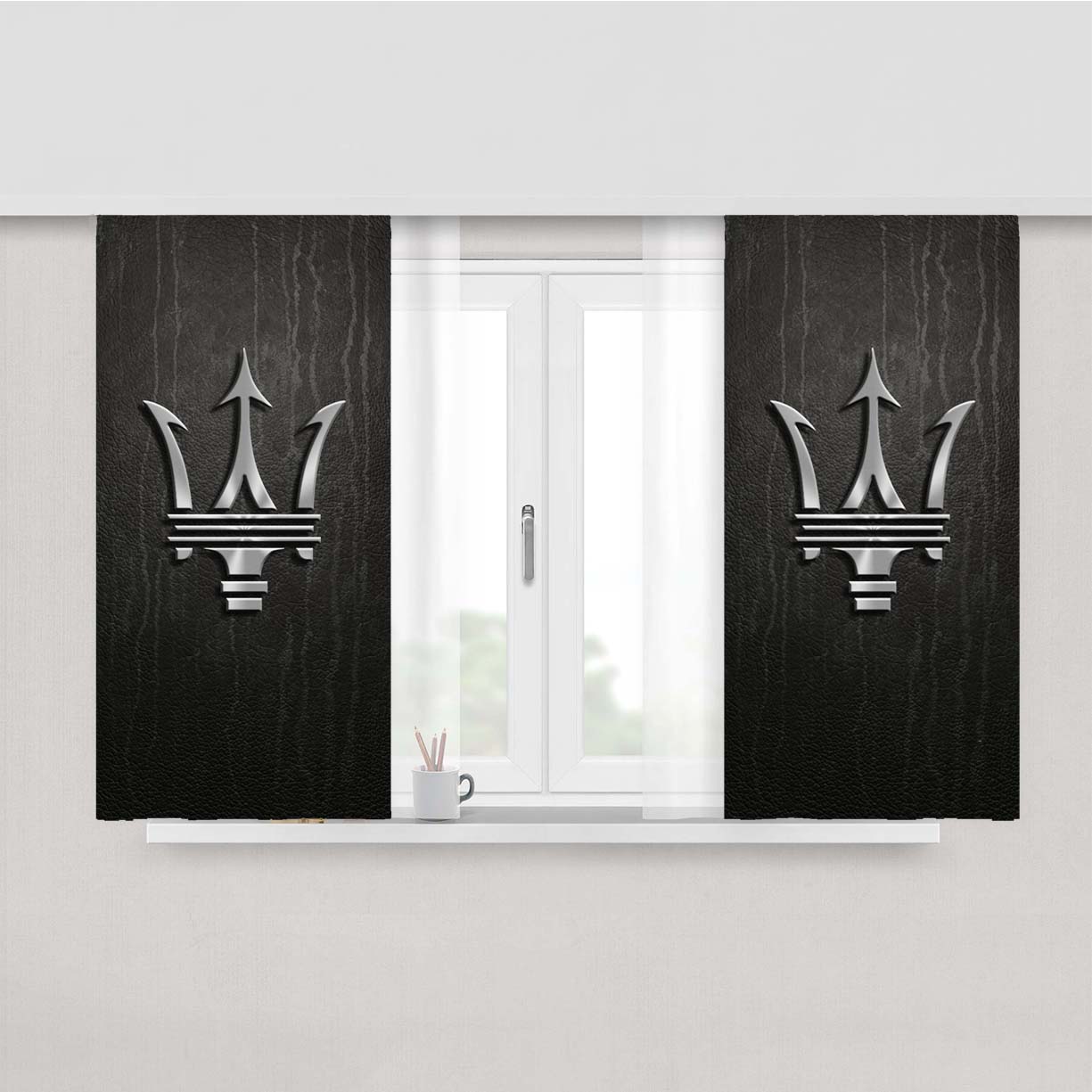 Maserati Metal Logo Emblem Leather Texture Peach Skin Window Curtains