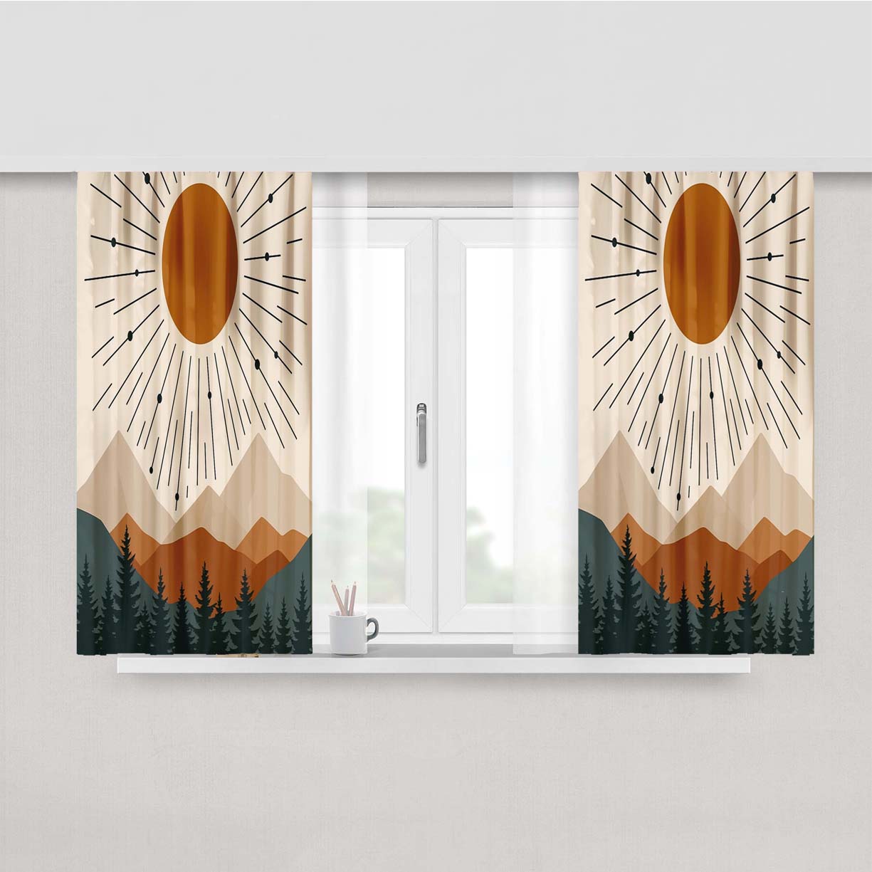 Modern Sunburst Forest Peach Skin Window Curtains