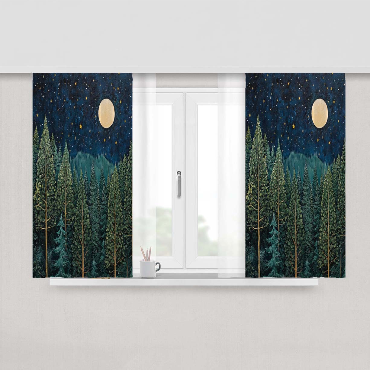 Moonlit Evergreen Forest Peach Skin Window Curtains