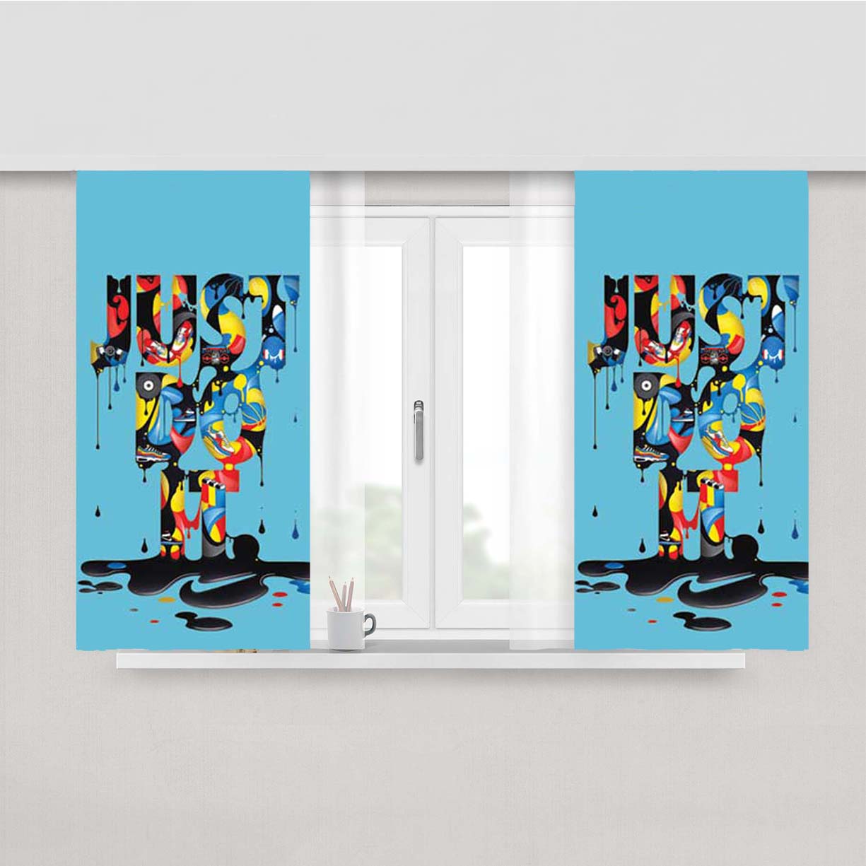 Nike Just Do It Paint Blue Bg Peach Skin Window Curtains