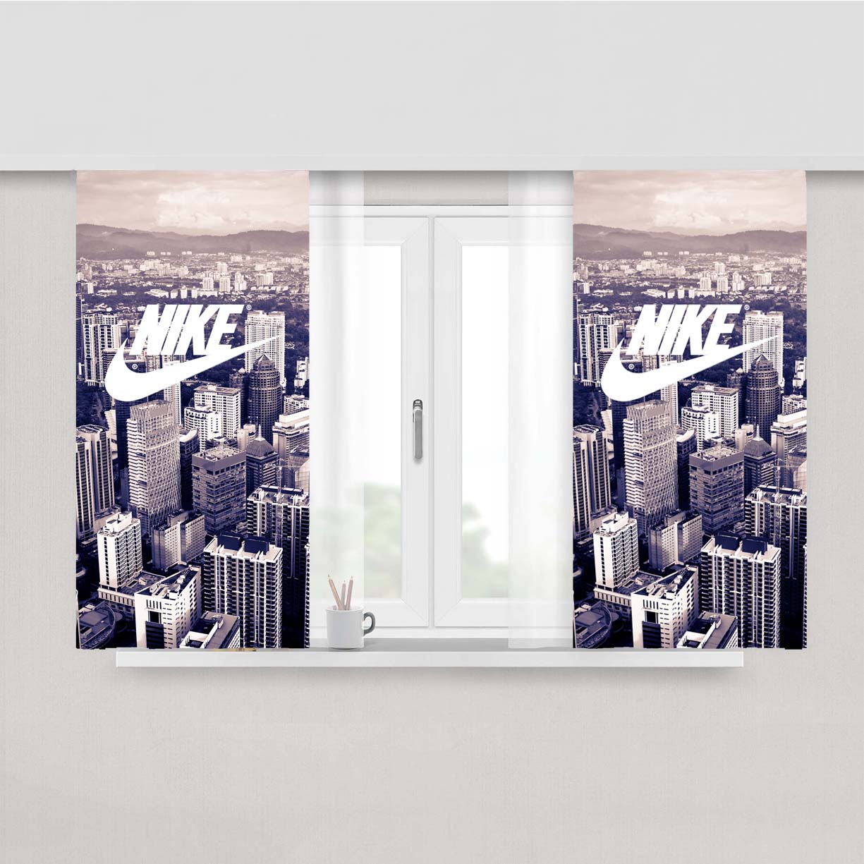 Nike Logo City Skyline Peach Skin Window Curtains