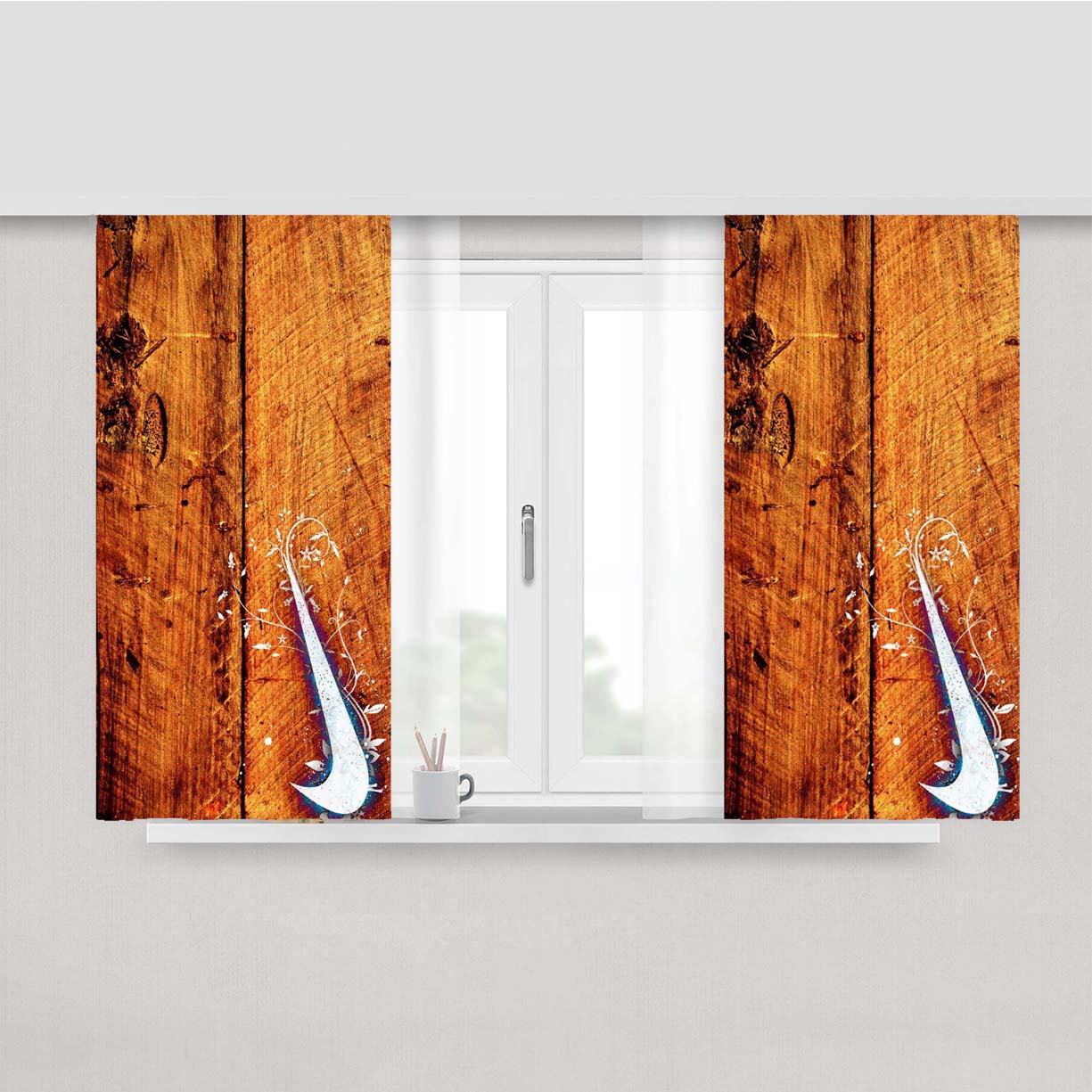 Nike Logo In Wood Peach Skin Window Curtains