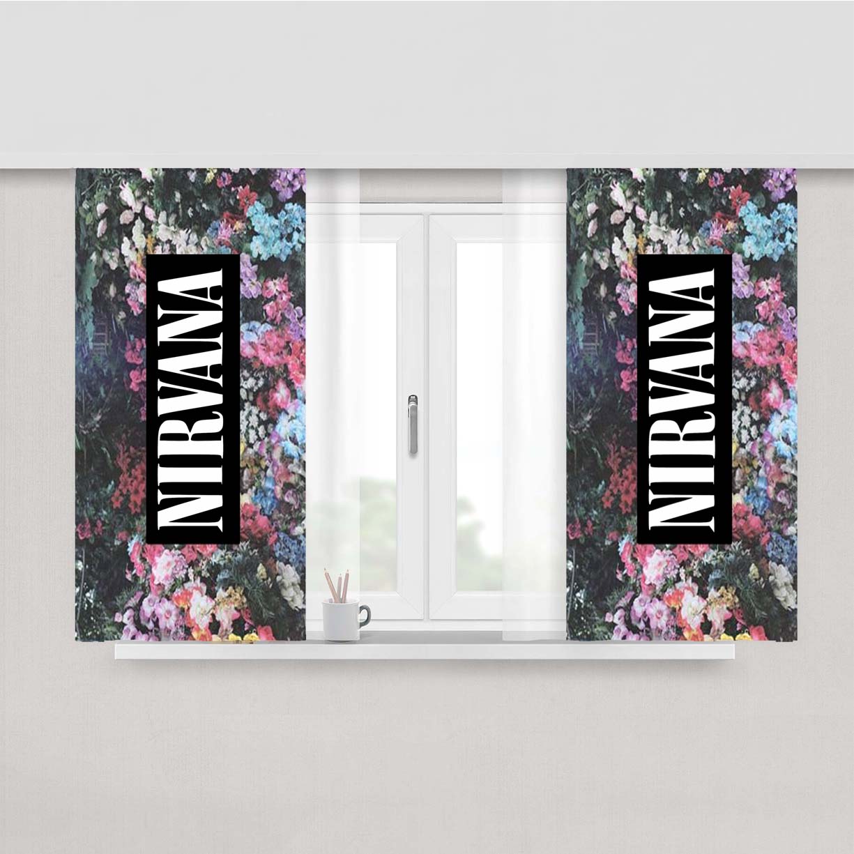 Nirvana On Floral Art Kurt Cobain Dave Grohl Peach Skin Window Curtains