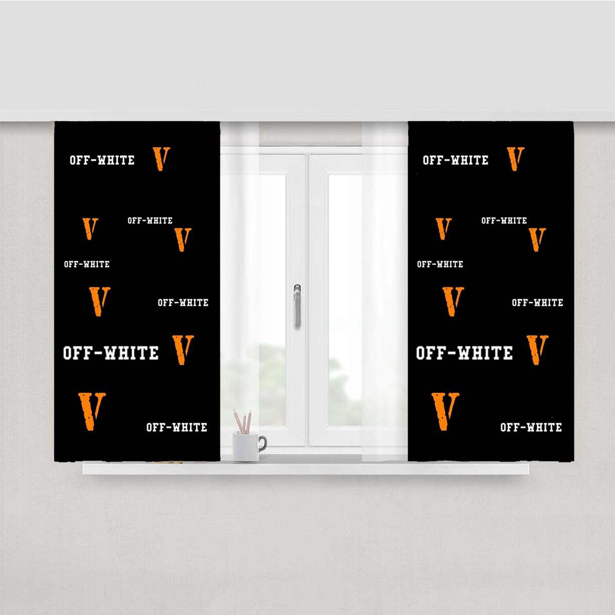 Off White Vlone Pattern Wallpaper Peach Skin Window Curtains
