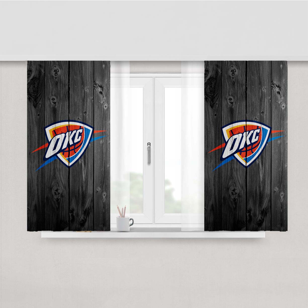Oklahoma City Thunder Nba Logo Dark Wood Wallpaper Peach Skin Window Curtains