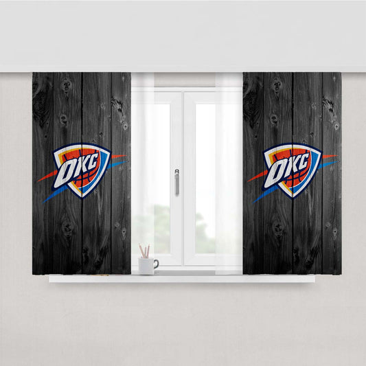 Oklahoma City Thunder Nba Logo Dark Wood Wallpaper Peach Skin Window Curtains