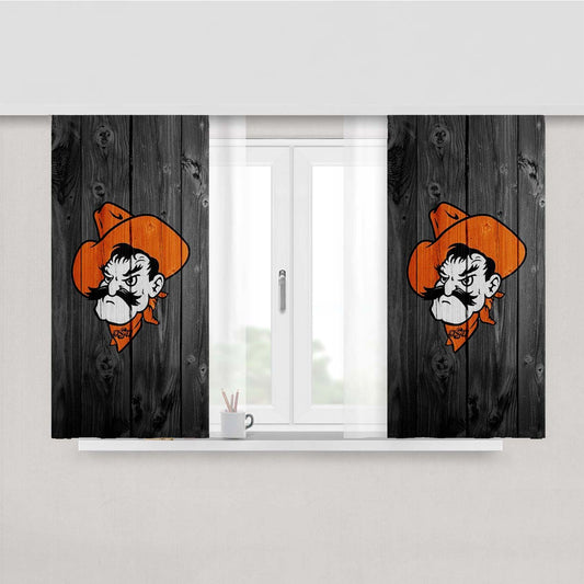 Oklahoma State Pistol Pete Logo Dark Wood Wallpaper Peach Skin Window Curtains