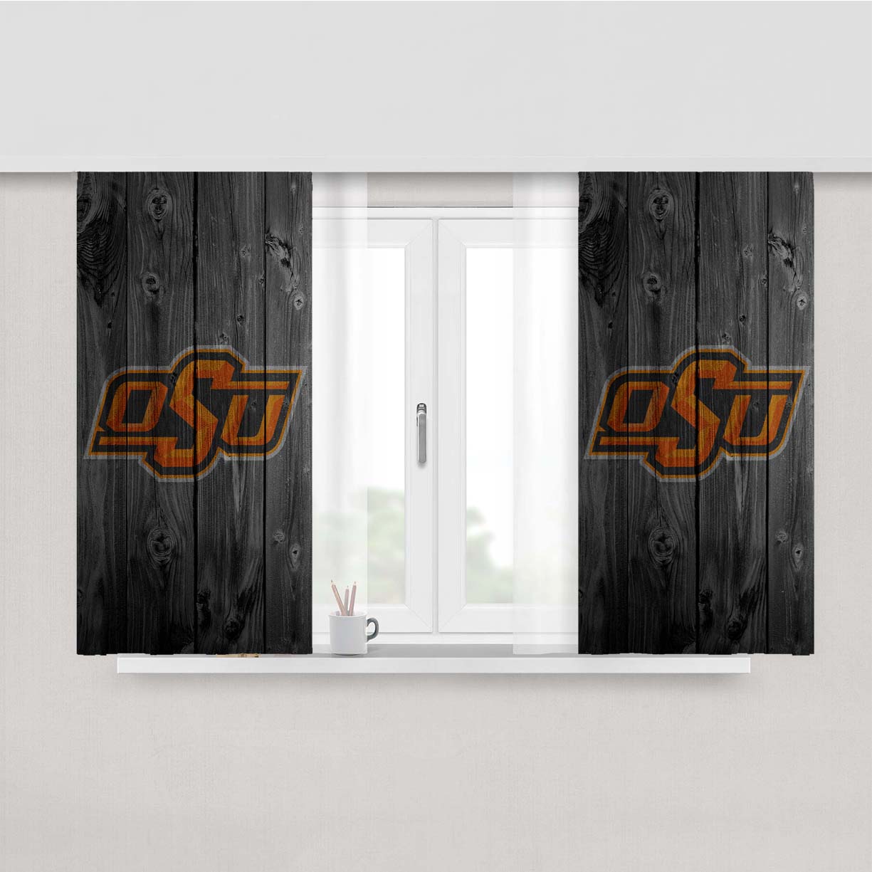 Oklahoma State University Osu Logo Dark Wood Wallpaper Peach Skin Window Curtains