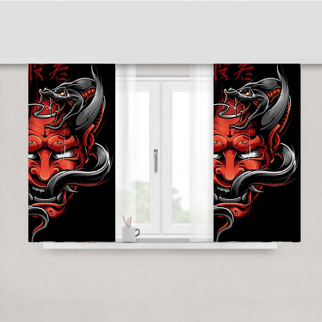 Oni Mask And Snake Pattern Peach Skin Window Curtains
