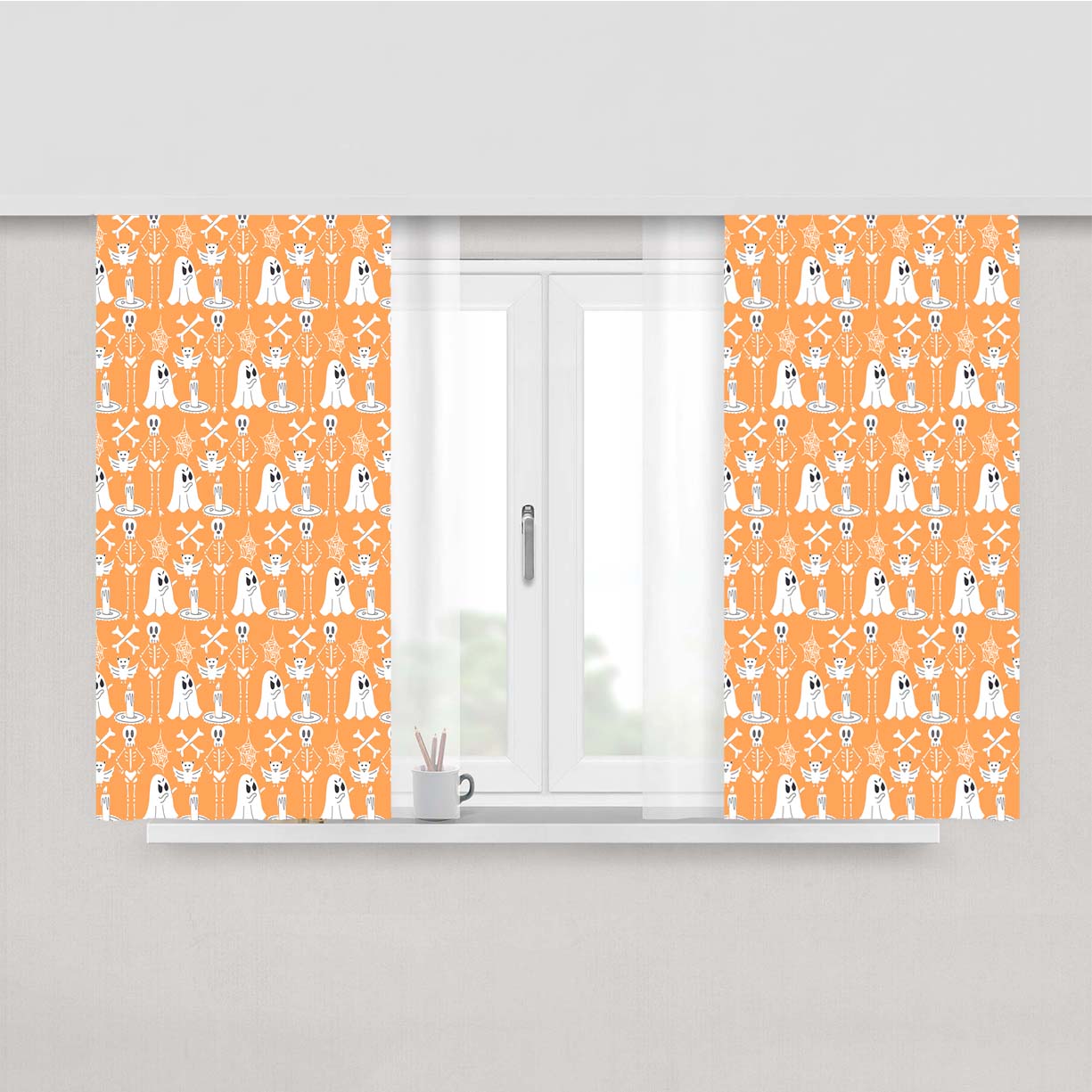 Orange Pattern Halloween Ghost Skeleton Peach Skin Window Curtains