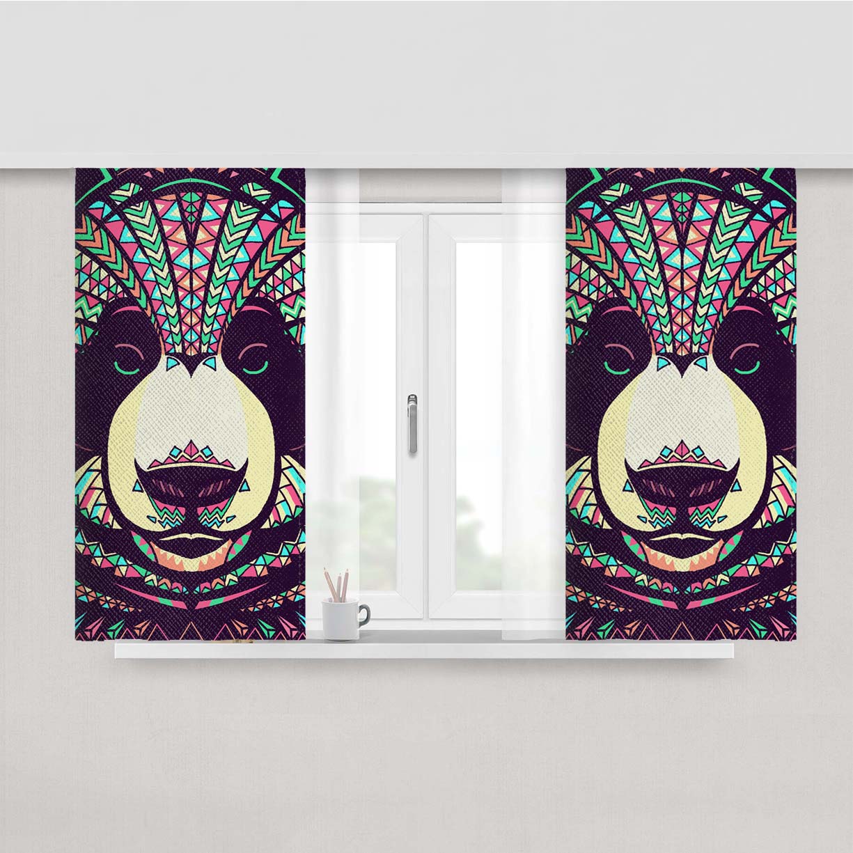 Panda Aztec Pattern Peach Skin Window Curtains
