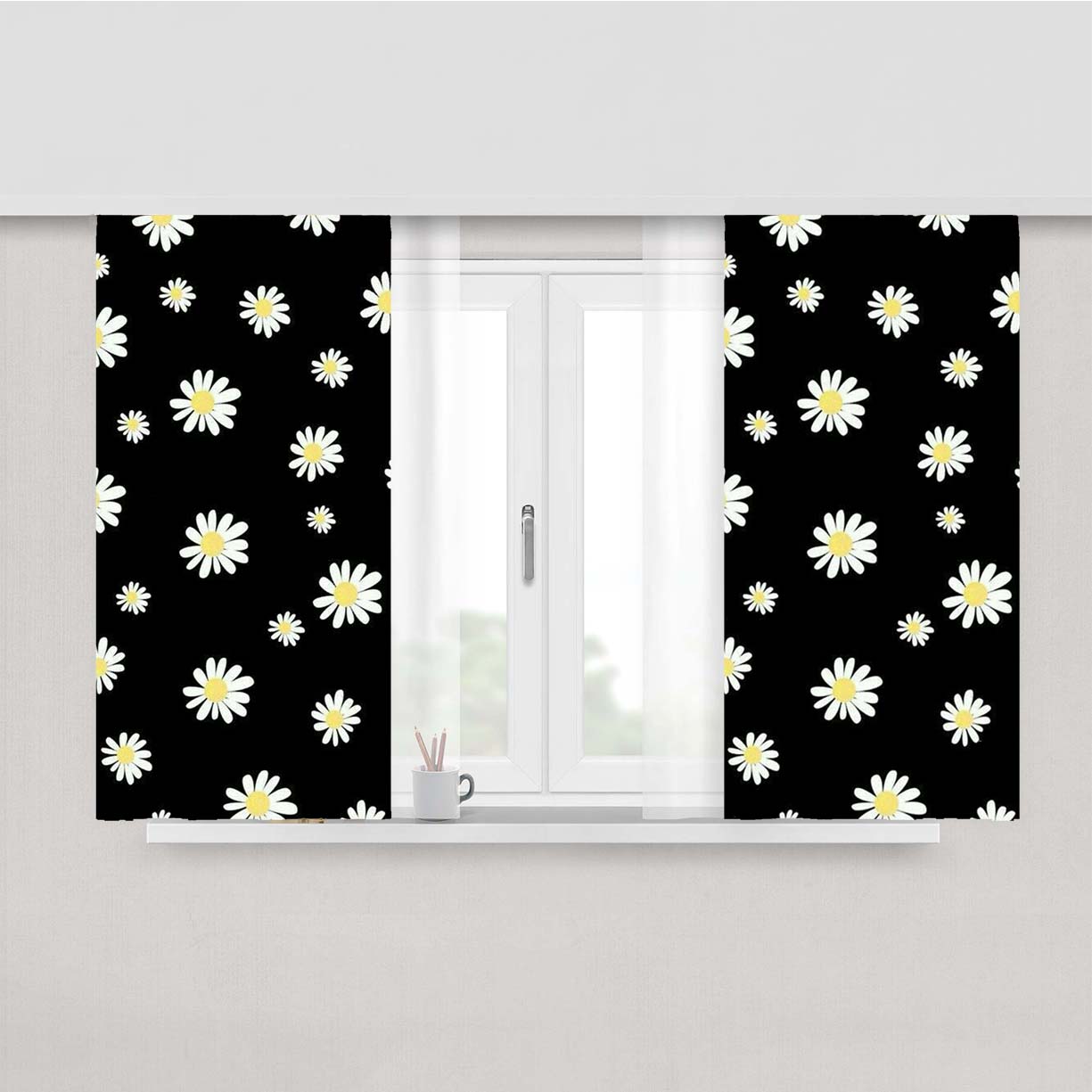 Pattern Flowers In Black Background Peach Skin Window Curtains