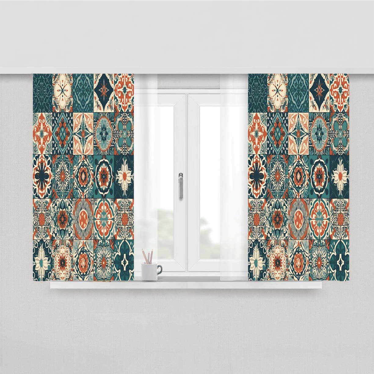 Patterns With A Traditional Spanish Tile Peach Skin Window Curtains