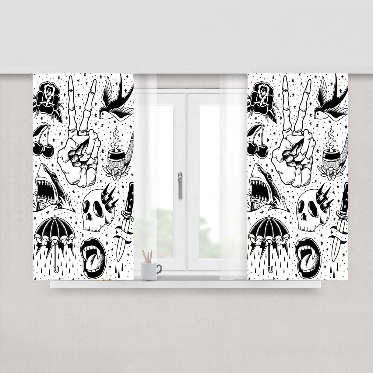 Peace Finger Bone Tattoo Pattern Peach Skin Window Curtains