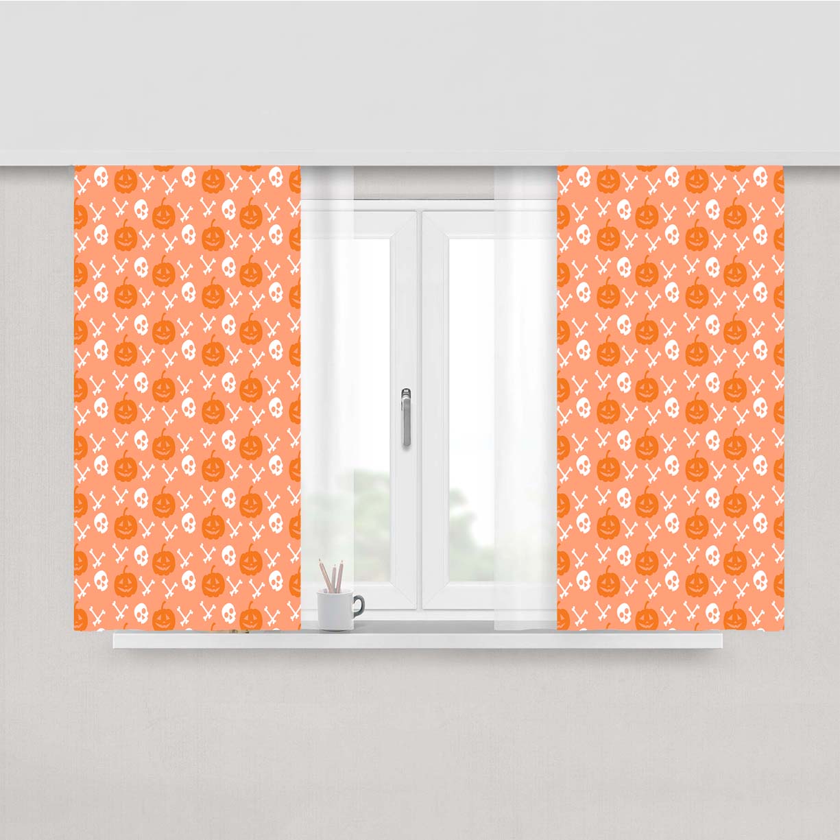 Peach Pattern Pumpkins Bone And Head Skeleton Halloween Peach Skin Window Curtains