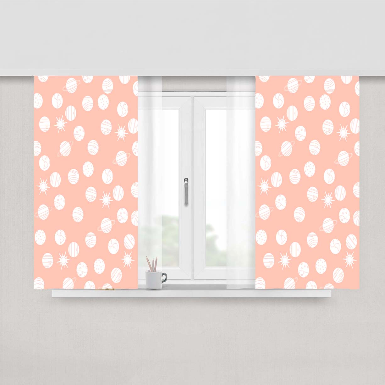 Peach White Planet Pattern Doodle Art Peach Skin Window Curtains
