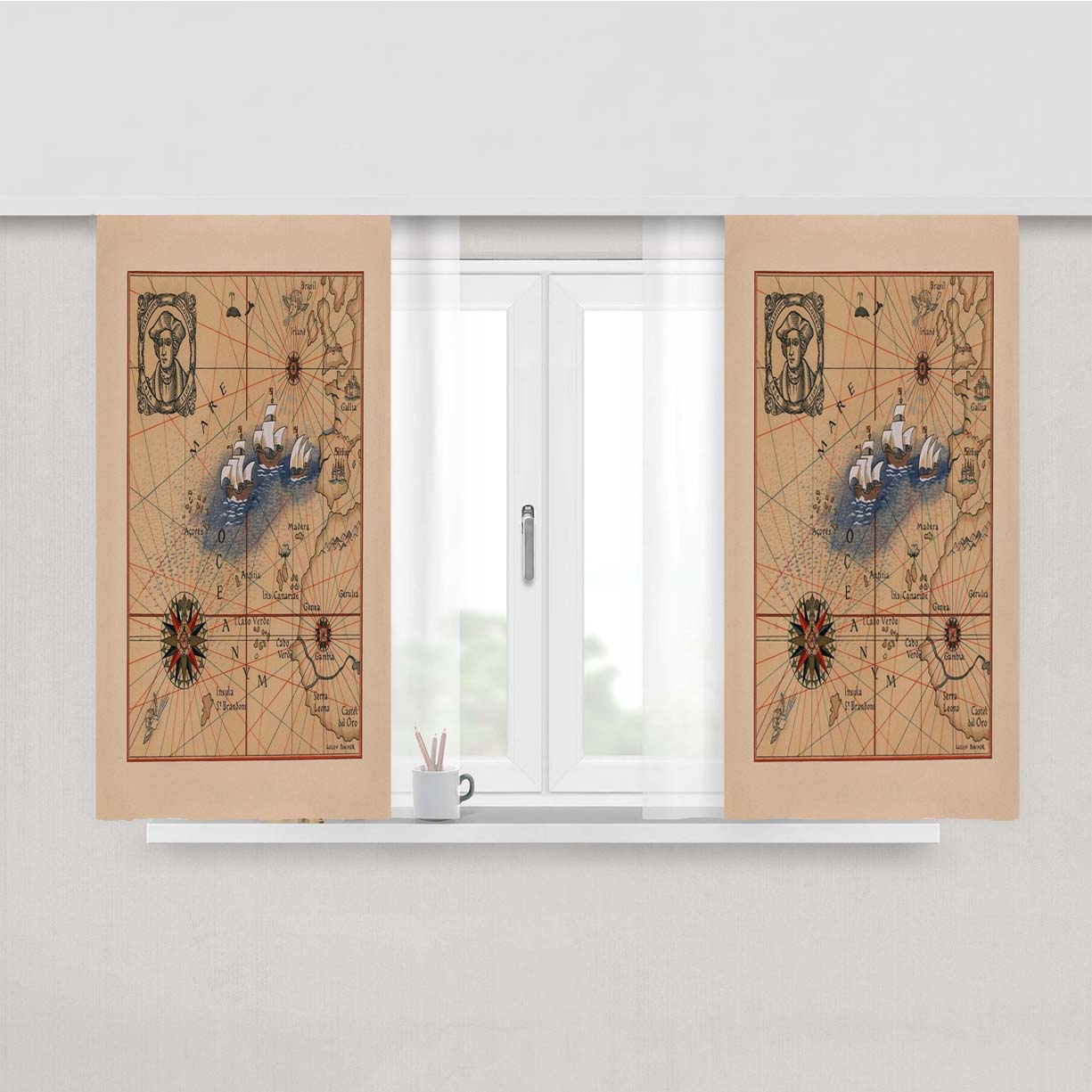 Pictorial Map Of Voyages Of Christopher Columbus Peach Skin Window Curtains