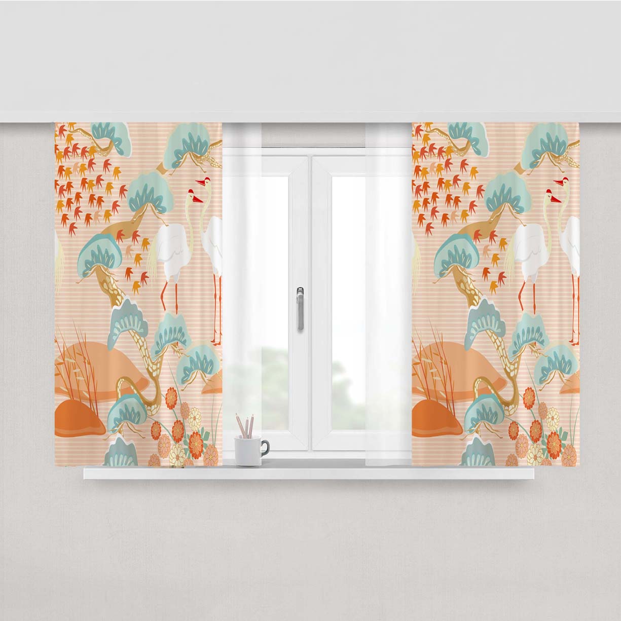Pink Japanese Crane Art Peach Skin Window Curtains