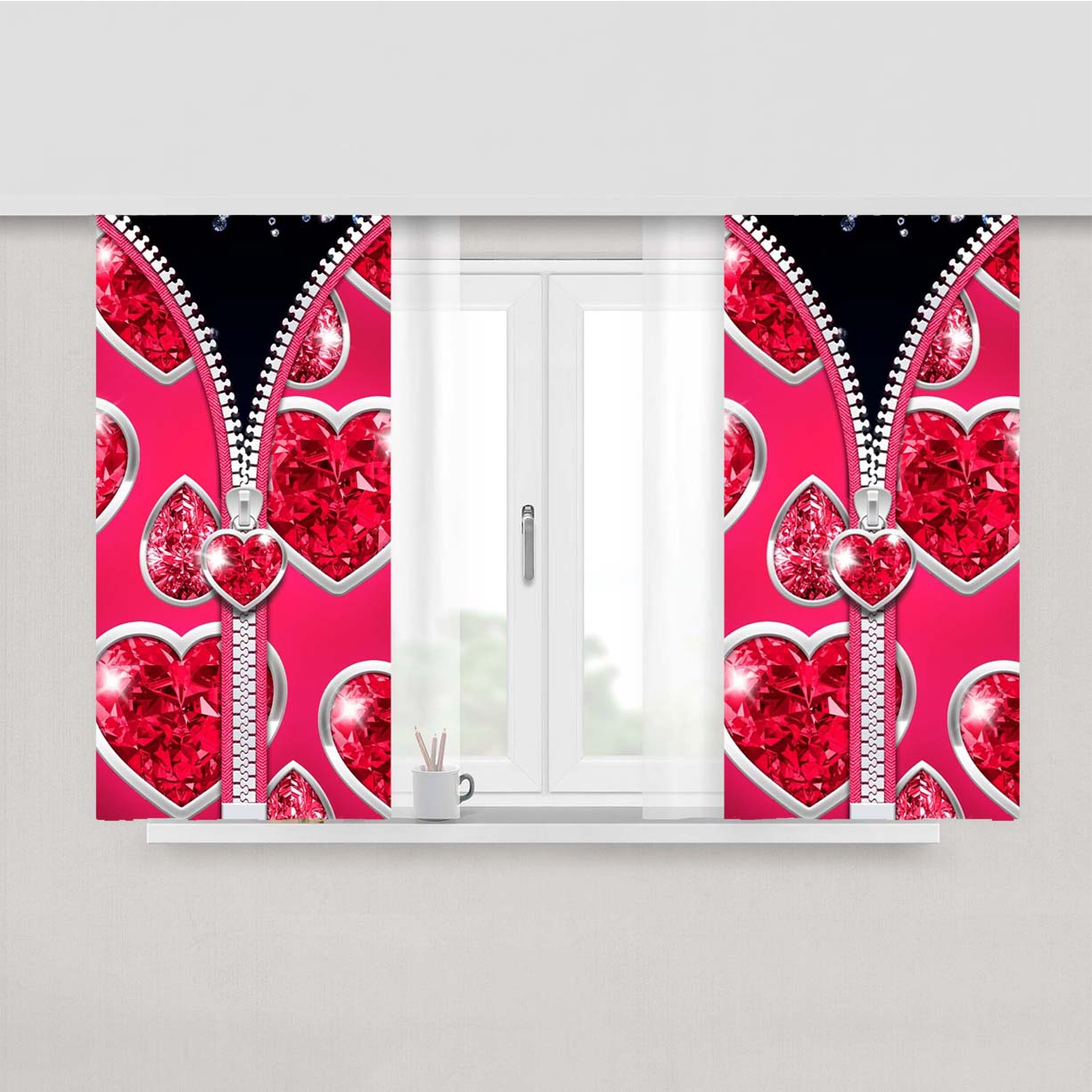 Pink Zipper With Diamond Love Pattern Peach Skin Window Curtains