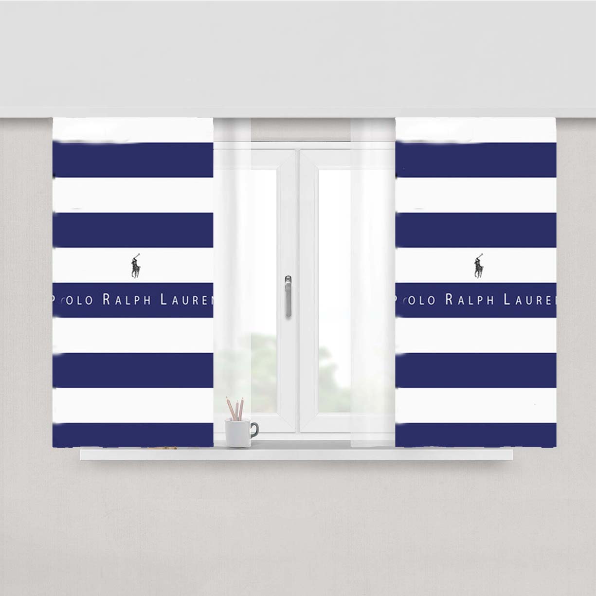 Polo Ralph Lauren Blue White Stripes Peach Skin Window Curtains
